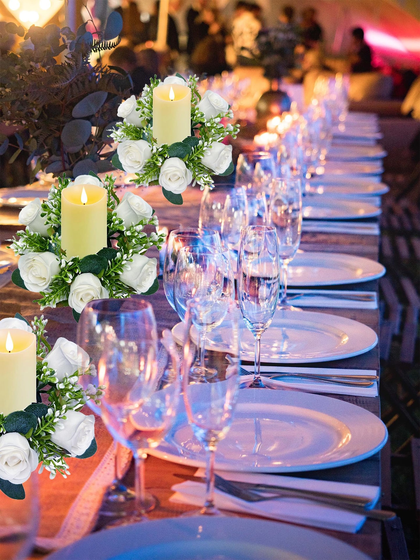 tyoungg Artificial Floral Centerpiece Rose Eucalyptus Pillar Candle Ring Wreath 3 Inch Center for Flameless or Wax Pillar Candles Weddding Bridal Shower Banquet Reception Table Home Decor (6, White)