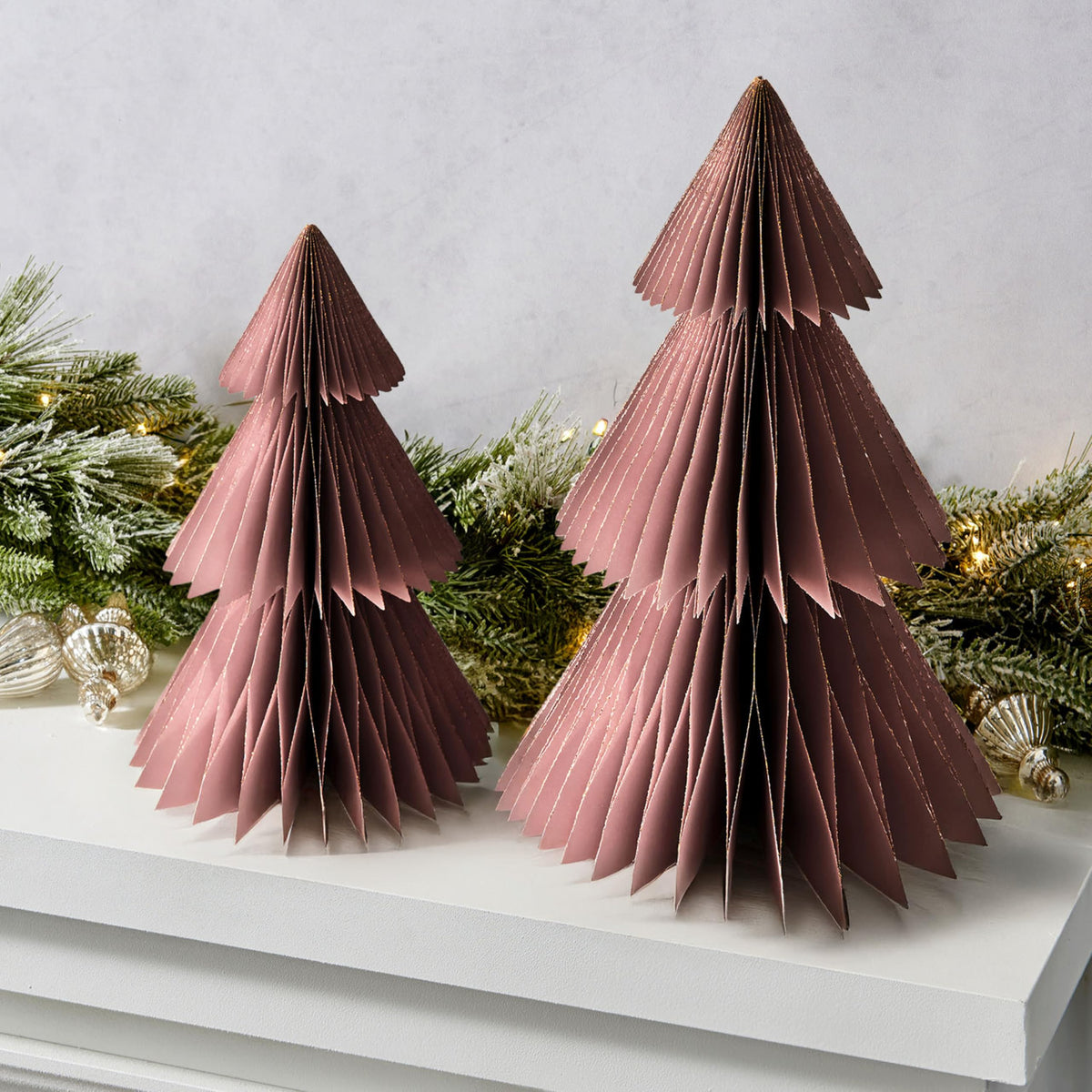LampLust Paper Christmas Tree Decor, 2 Pack Dusty Rose Honeycomb Paper Trees, 10" & 12", Pink Decor, Winter Wonderland Decorations, Winter Decoration for Home, Winter Mantel Decor