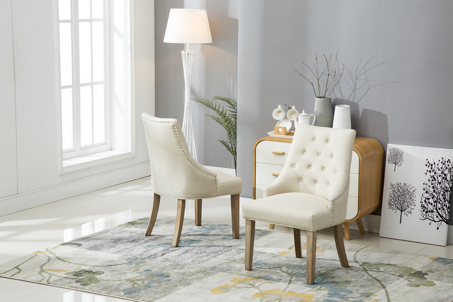Roundhill Furniture Button Tufted Solid Wood Wingback Hostess Chairs with Nail Heads, Set of 2, Tan, White, "Tan, 24D x 22W x 39H in