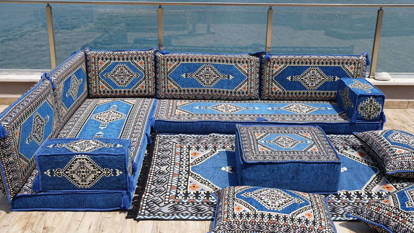 L Shaped Arabic Floor Cushions, Sectional Sofas, Arabic Majlis Set, Custom Made Sofa, Arabic Sofa Set, Seating Cushions (4'' Thickness Sofa, L Sofa Full Set, Royal Blue)