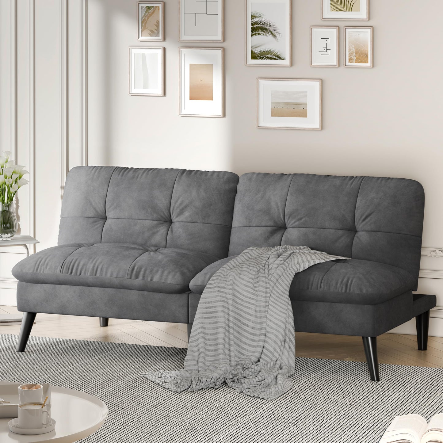 Shintenchi Futon Sofa Bed, Foldable Small Velvet Couch Bed with Adjustable Recliner, Space Saving 2 in 1 Sofa for Living Room, Apartment, or Guest Room, Dark Gray