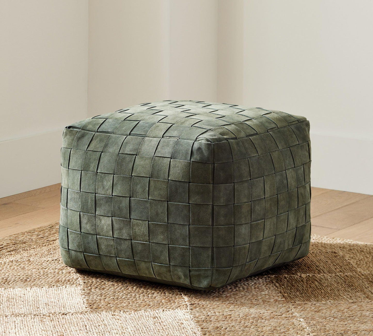Luxury Handcrafted Suede Basketweave Pouf Ottoman – Soft & Durable Floor Cushion, Footrest, and Accent Seating for Living Room, Bedroom, & Office – Stylish Modern Home Décor (Hunter, 18" x 18" x 14")