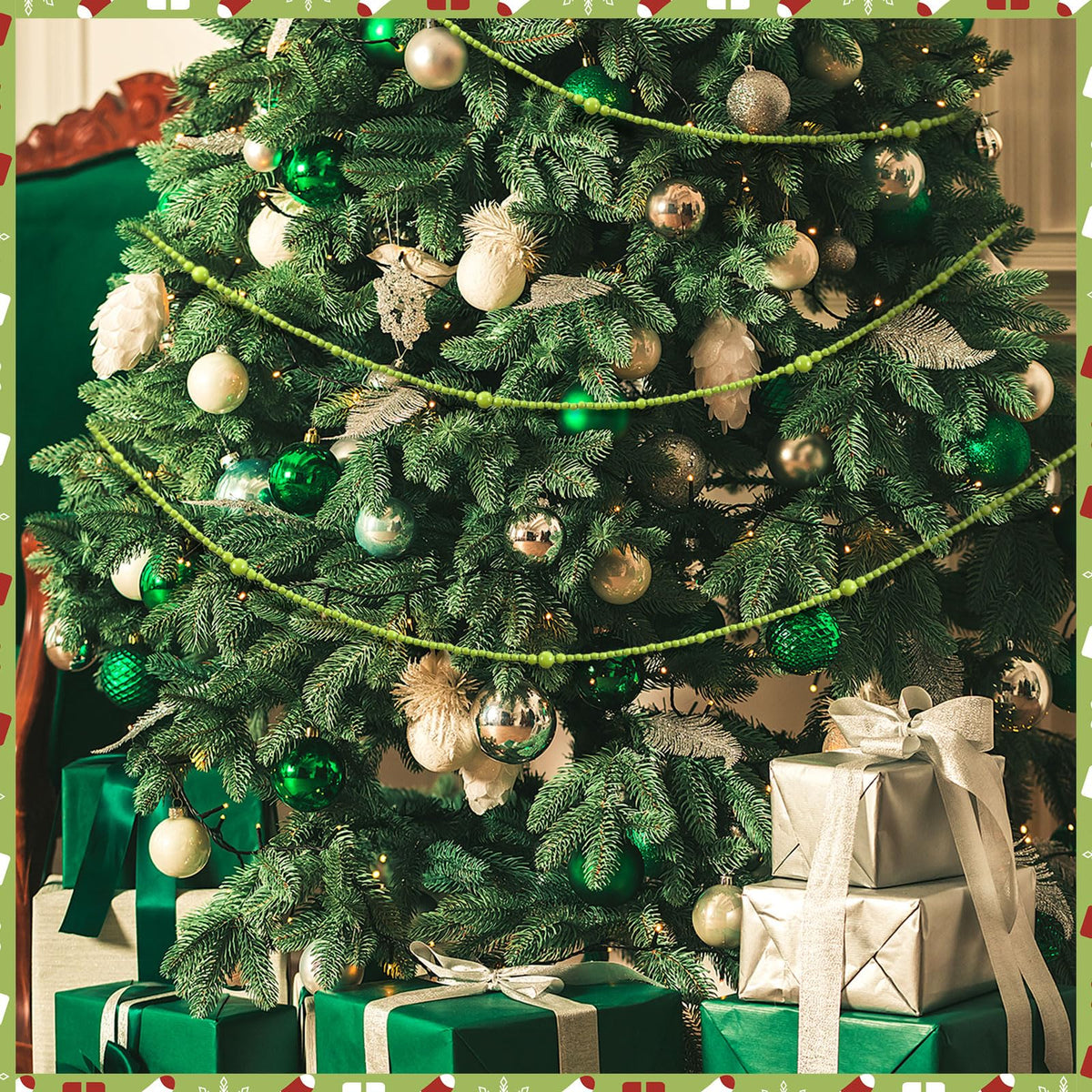 12 Feet Summer Christmas Wooden Beads Garland Round Craft Farmhouse Vintage Christmas in July Wood Bead Garlands for Xmas Supplies(Green)
