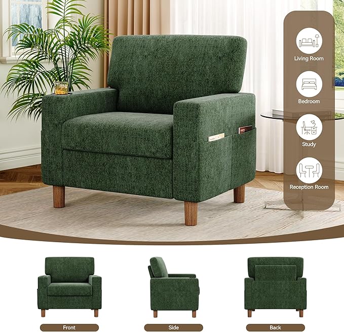 Mid Century Modern Accent Chair, Chenille Comfy Living Room Arm Chairs