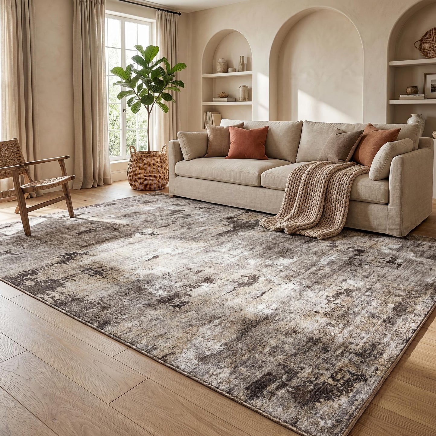 Cnythlis 5'x7' Low Pile Area Rug for Home Office, Washable Abstract Carpet Robot Vacuum Compatible 0.26 Inch Non Slip Under Desk Dining Room Mat, Brown