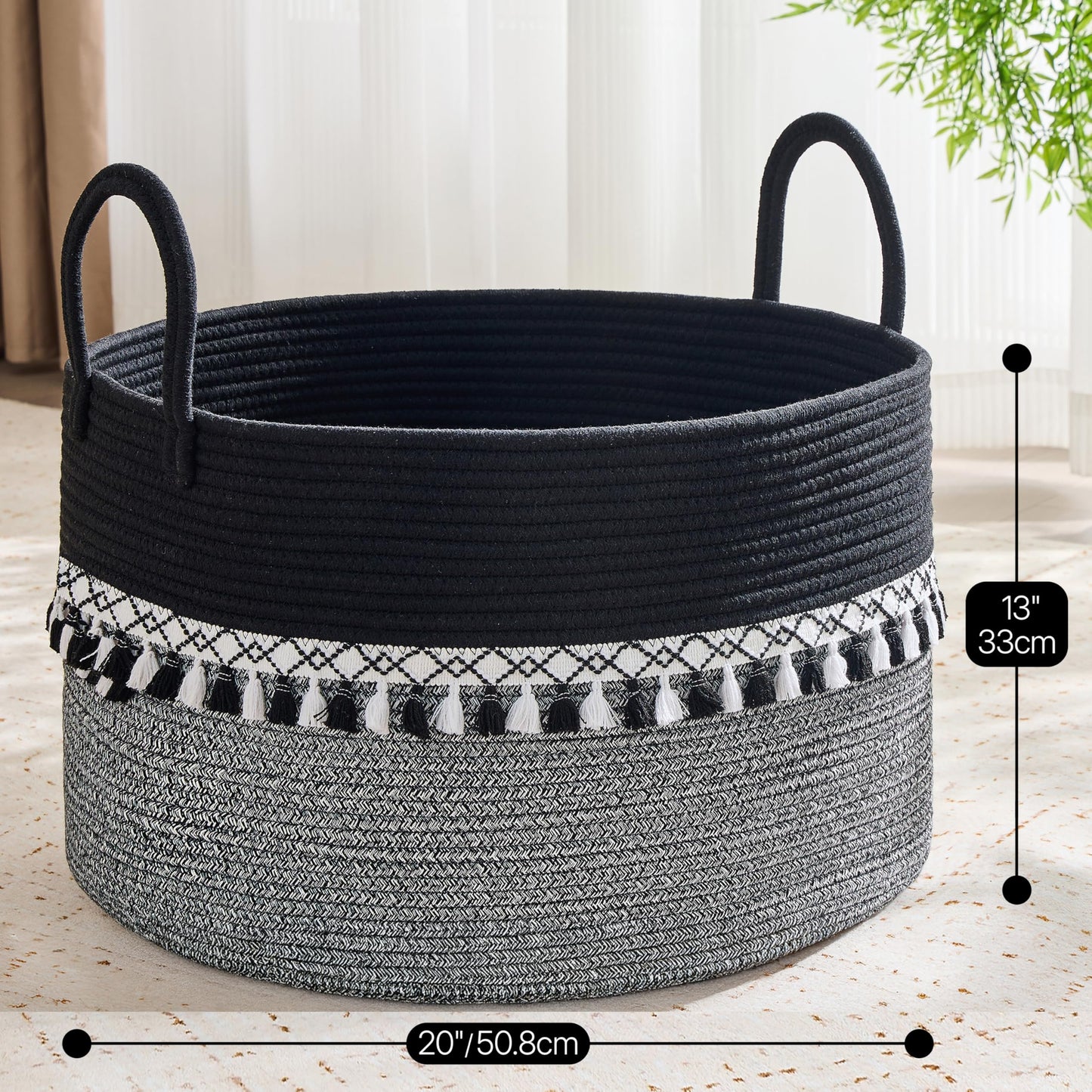 KAKAMAY Cotton Rope Storage Basket (20"x13"),Woven Hamper for Blankets,Toys,Pillows,Clothes,Laundry,Sturdy Handles Decorative Basket for Living Room, Bedroom,Nursery(Black Printing)