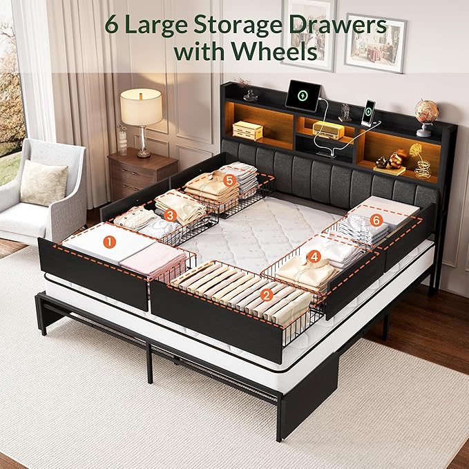 LARMACE King Bed Frame with 6 Storage Drawers, Bed Frame King Size with Linen