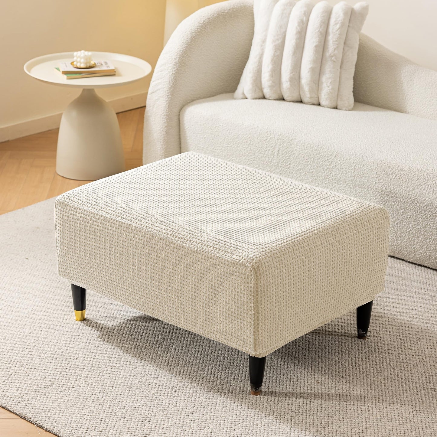 KaviKon Ottoman Cover Slipcover Rectangle Fit Length 25"-30" Stretch Foot Stool Slip Cover, Footrest Slipcovers Protector with Elastic Band, Ottoman Cover Removable Washable(Small,Grid Weave White)