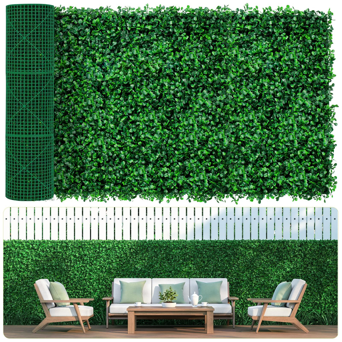 AOKIE 48x120 in Artificial Grass Roll Wall(40 sq ft), Boxwood Hedge Wall Panels UV-Anti Grass Backdrop Wall Decor, Greenery Privacy Hedge Screen for Indoor Outdoor Patio Balcony, Party Garden Fence