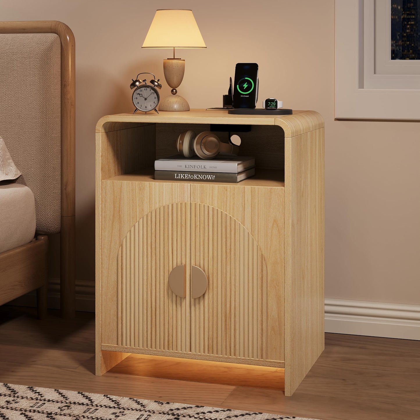 Nightstand with Charging Station and LED Lights, Night Stands with Adjustable Storage Cabinet, Modern Side Table with Fluted Doors and Open Storage, Bedside Table for Bedroom, Natural