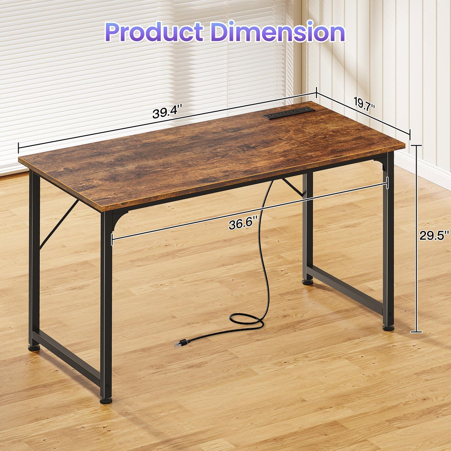 PRAISUN 40 X 20 Inch Computer Desk with Power Outlets and USB-C Port, Gaming Office Desk with Deeper Desktop, Writing Work Desk for Home Office, Study, Bedroom, Metal Frame, Rustic Brown