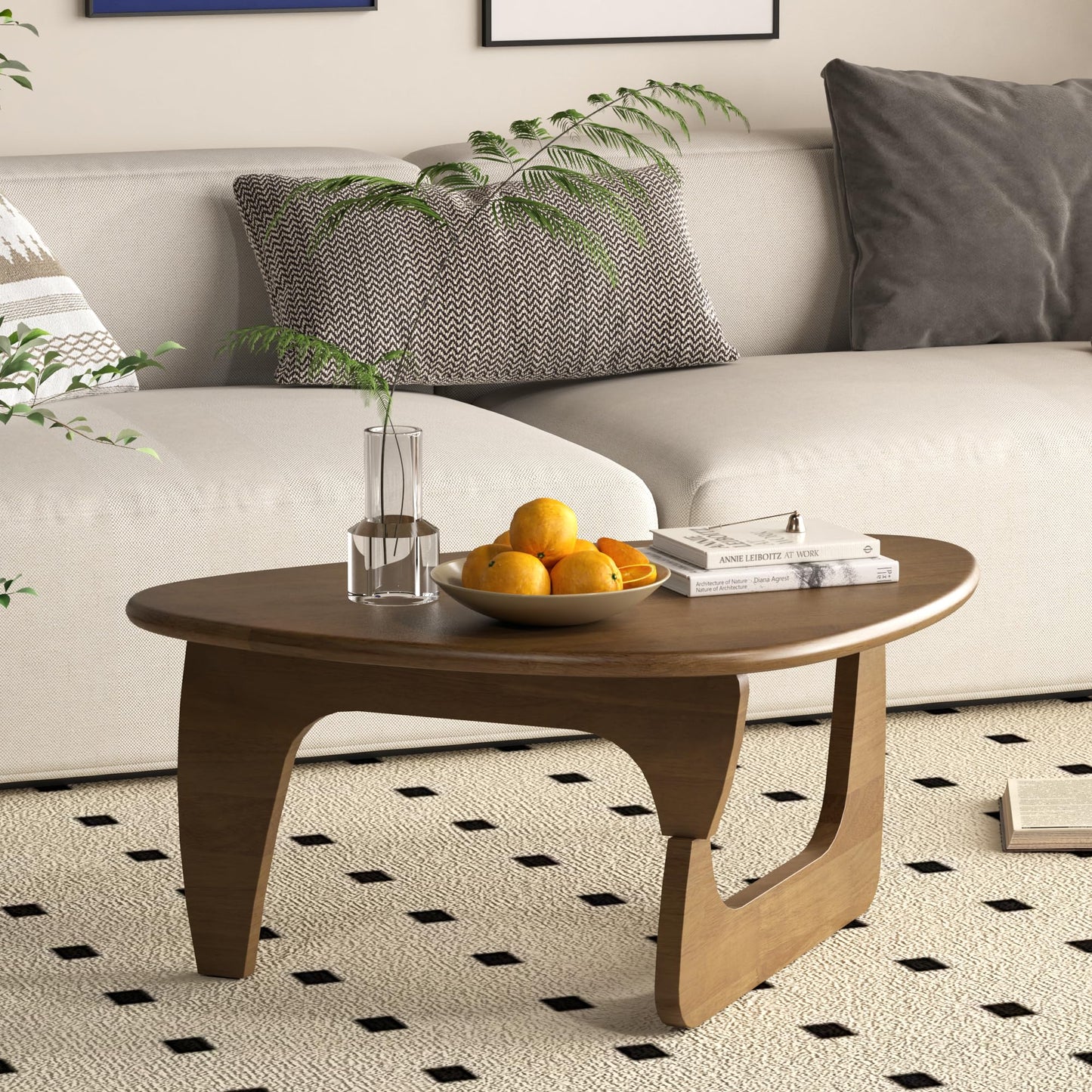 Mid Century Modern Coffee Table, Solid Wood Triangle Coffee Table for Living Room, Modern Tea Table for Home, Walnut, 35.4x23.6x16.5
