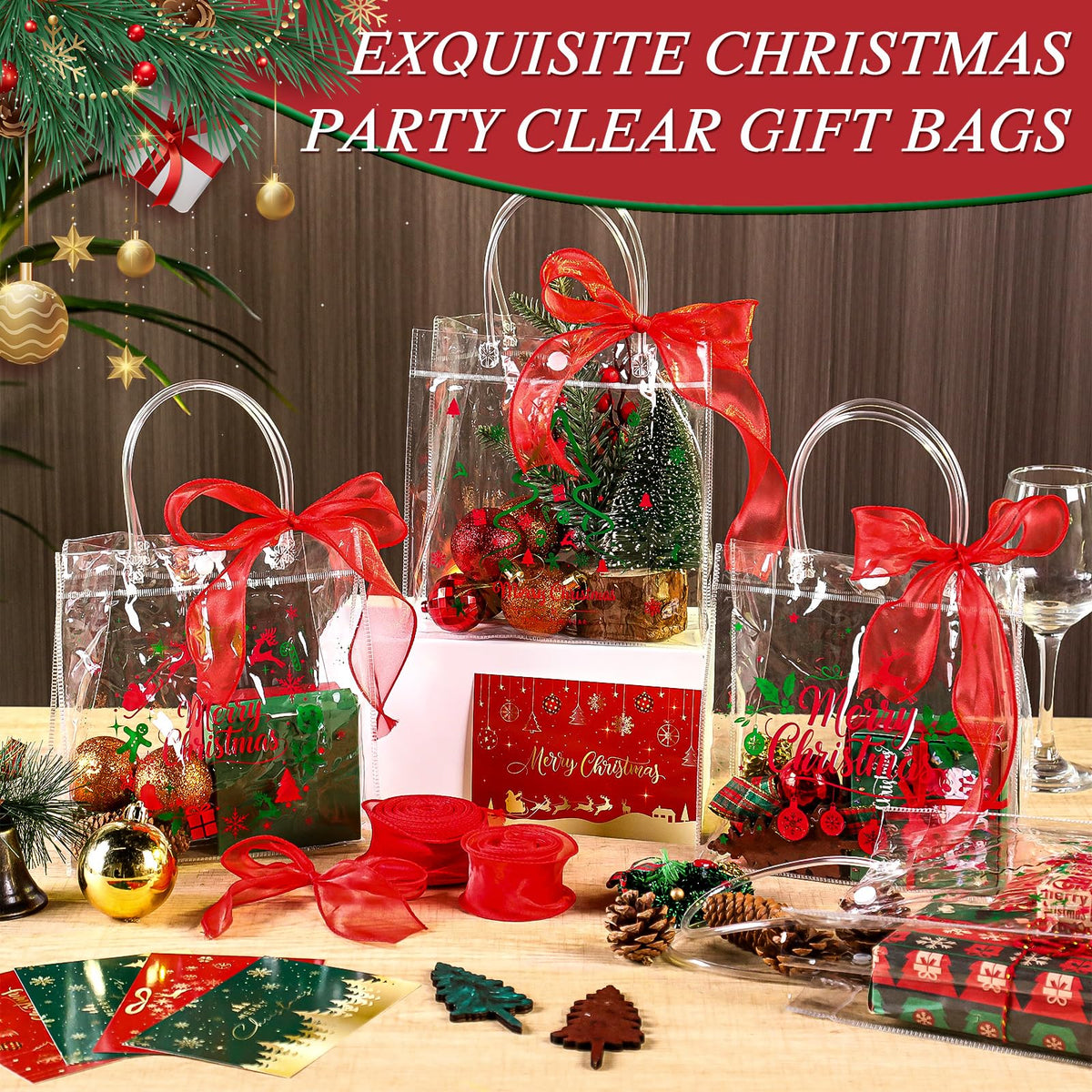 24pcs Christmas Clear Gift Bags with Handles And Ribbon Merry Christmas Greeting Card Set Xmas Transparent Reusable Gift Wrap Bags PVC Candy Goodie Treat Totes for Xmas Winter Holiday Party Favors