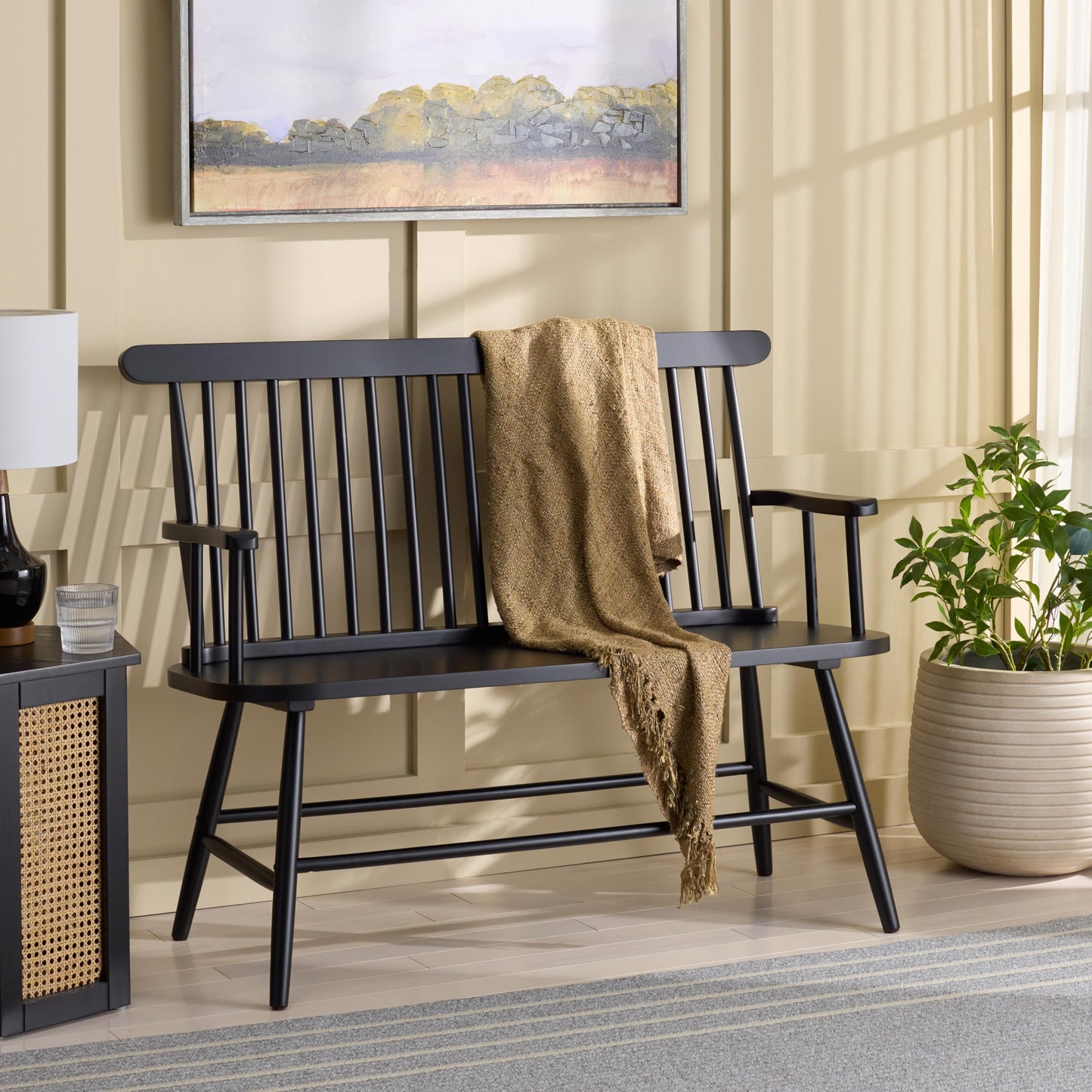 SAFAVIEH Home Collection - Eton Black Solid Wood Bench, Farmhouse Spindle Back Indoor Seating for Entryway or Dining (BCH3300D)