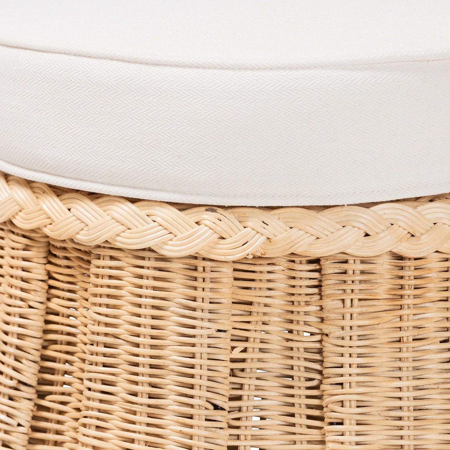 Bali & pari Ying Round Natural Rattan Ottoman with Cushion - Handwoven Wicker Pleated Skirt Accent Coffee Table or Extra Seating for Living Room or Sunroom, Small