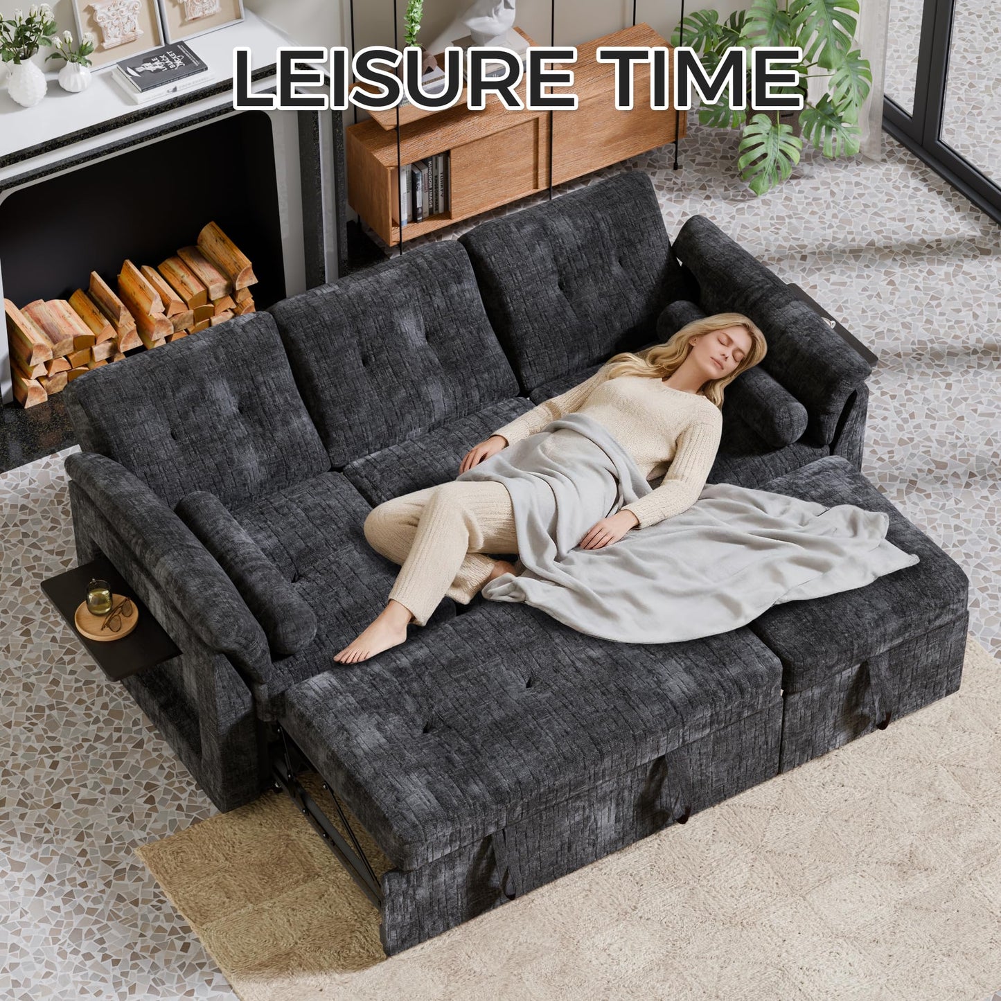 Trygoal Convertible Sleeper Sofa Bed, 63 Inch Chenille Pull Out Couch with Side Table & Adjustable Backrest, Sectional Sleeper Sofa with Pull Out Bed for Living Room, Apartment, Black