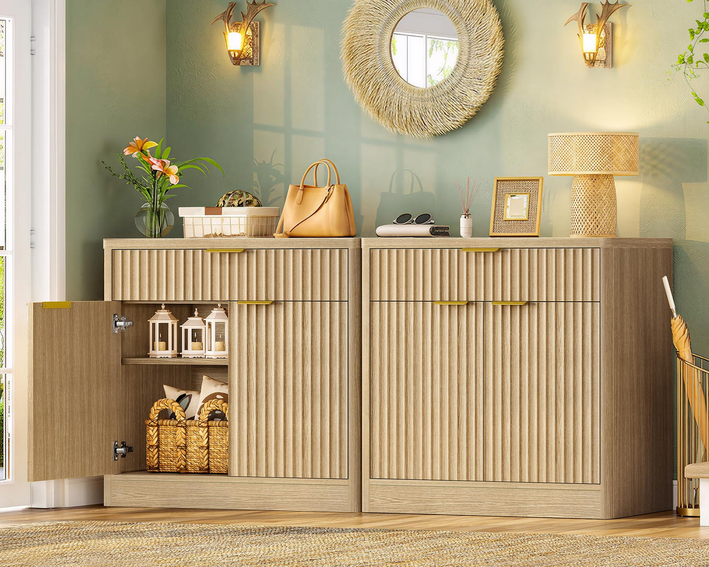 TEENFON 63" Fluted Buffet Sideboard Cabinet with Storage, Buffet Table Coffee Bar Wine Bar Storage Cabinet with Adjustable Shelf for Living Room, Kitchen, Natural