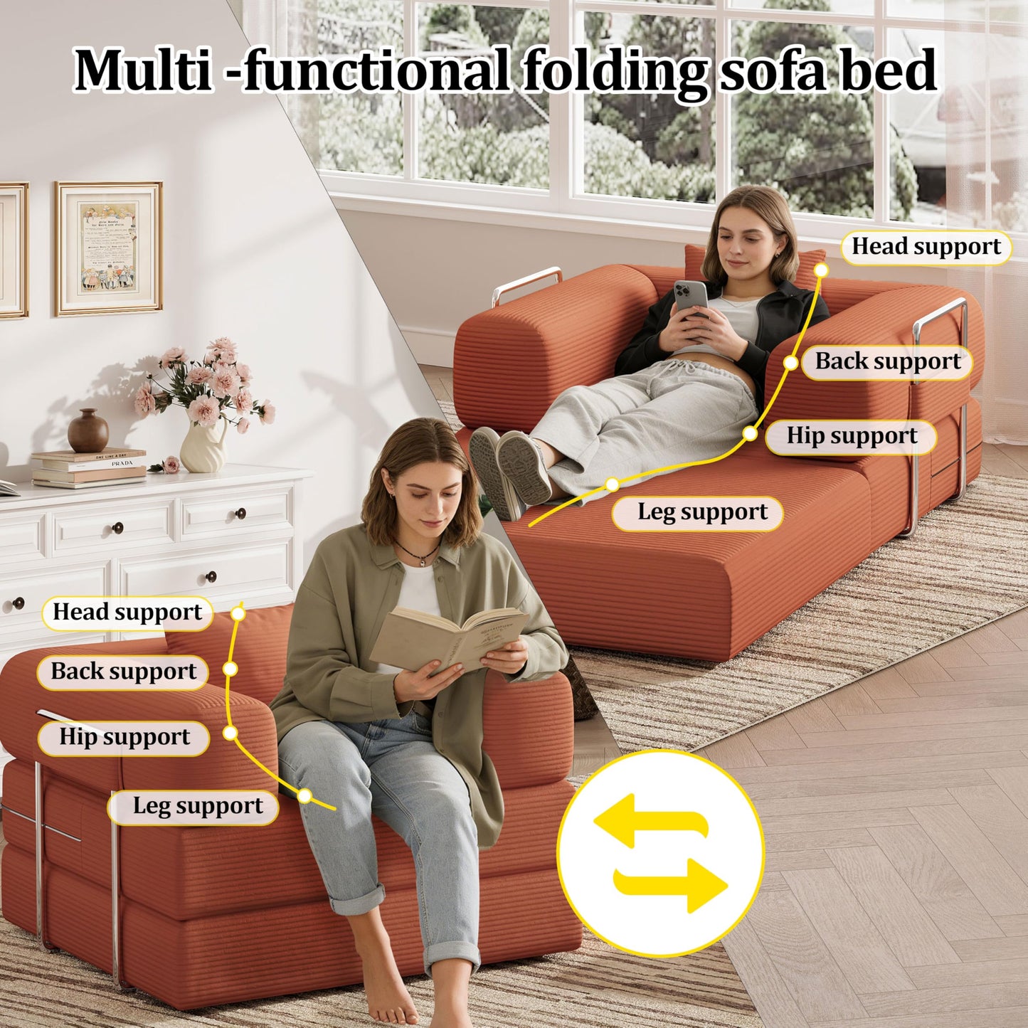 Single Couch Sofa for Small Spaces 2 in 1 Convertible Sofa to Lounger Comfy Bean Bag Chair for Adults with Removable Cover with Pillows for Bedroom, Apartment, Office (Orange, 35.43" Single Sofa)