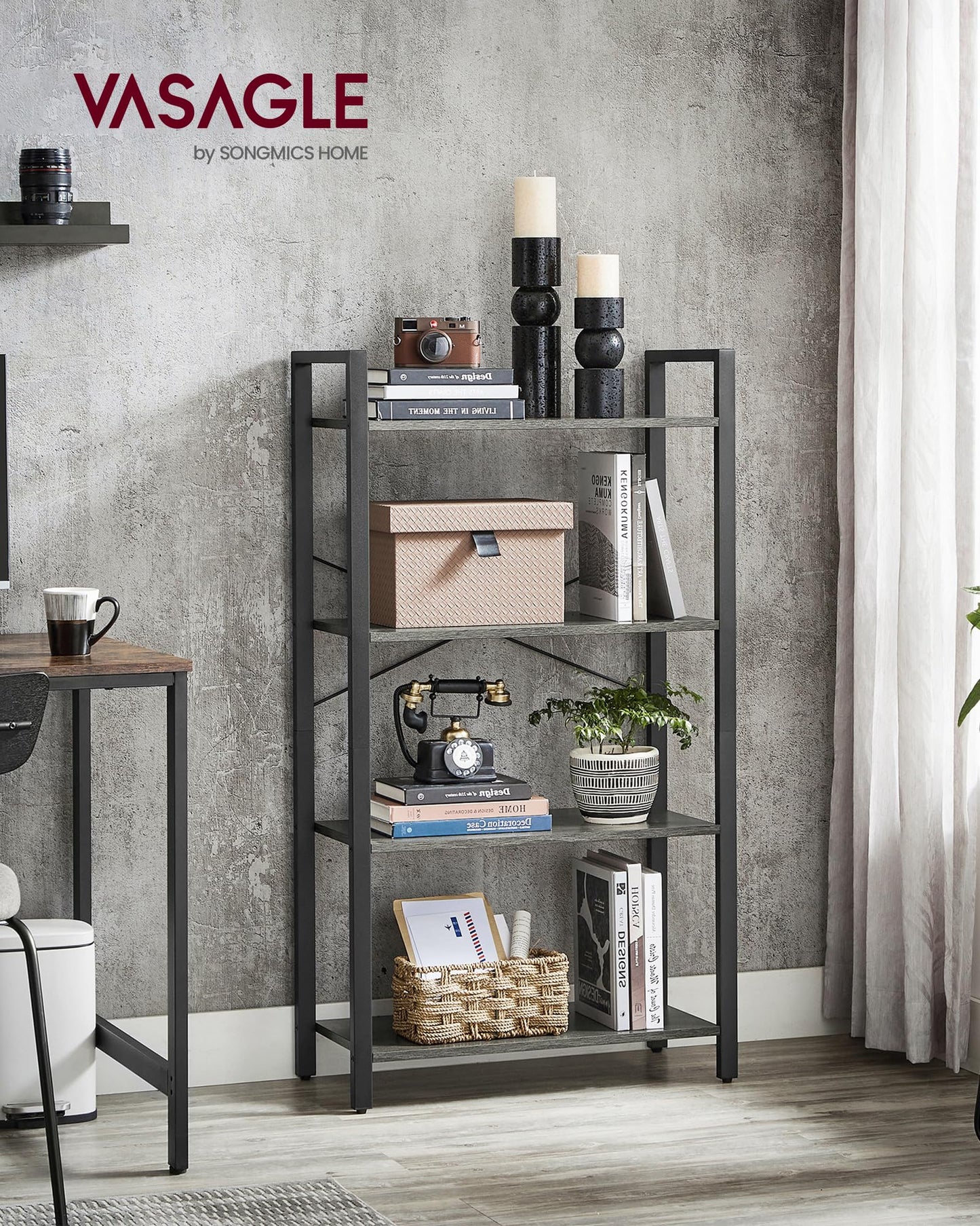 VASAGLE 4-Tier Bookshelf, Bookcase with Steel Frame, Book Shelf for Living Room, Home Office, Study, 11.8 x 26 x 47 Inches, Industrial Style, Charcoal Grey and Ink Black ULLS060B04