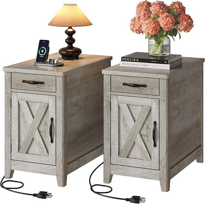 IRONCK End Table with Charging Station, Narrow Side Table