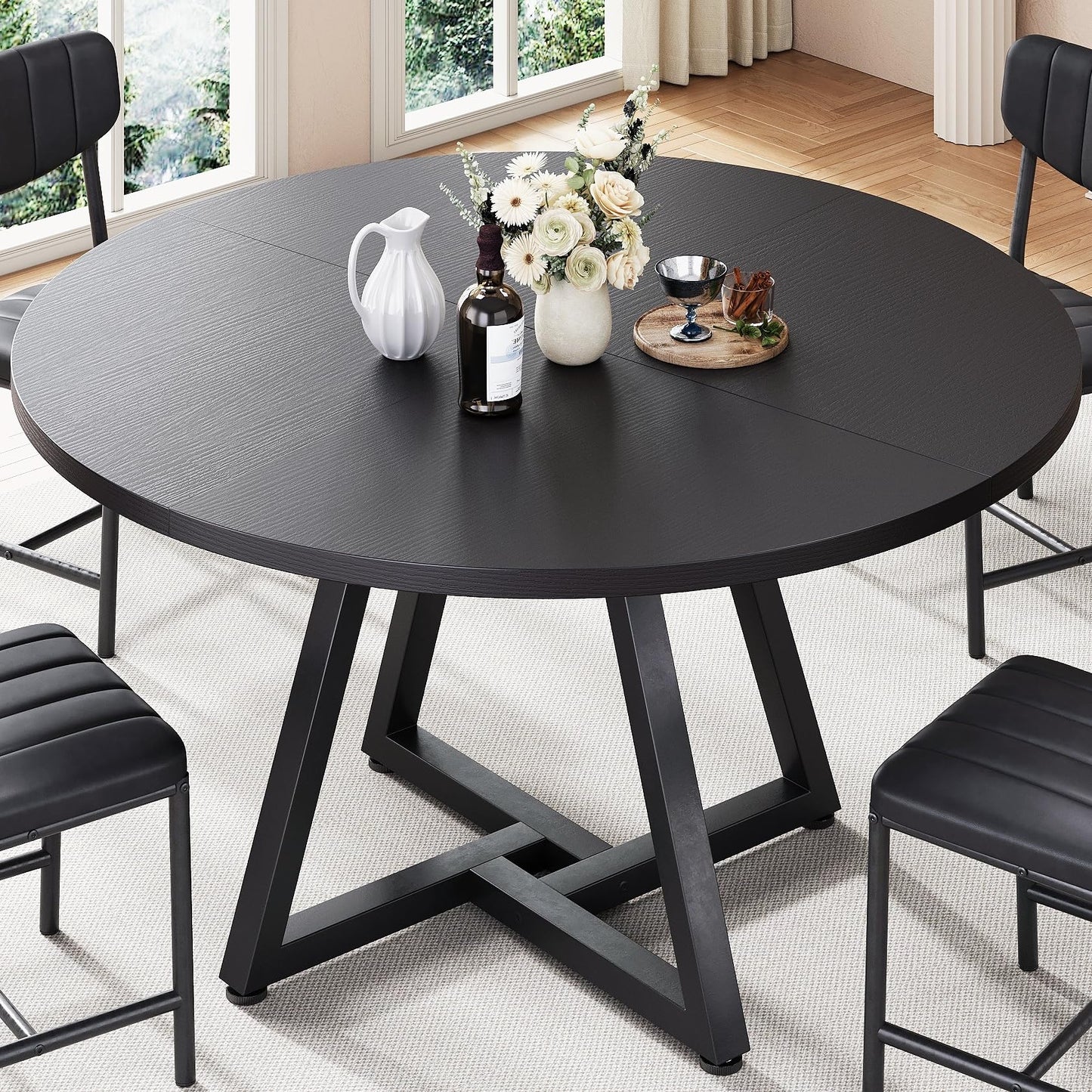 Jocoevol Round Dining Table Kitchen Dining Room Circle Dinner Pedestal Table for 4, Space Saving Wood Kitchen & Dining Room Furniture (Black)