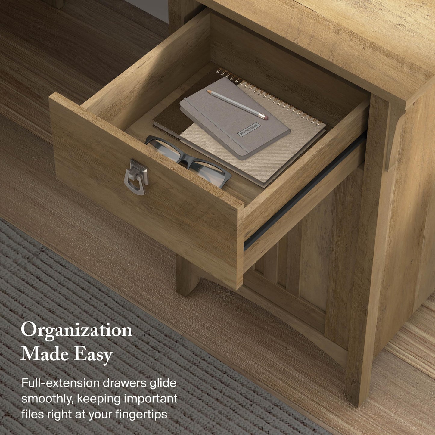 Bush Home L Shaped Desk with Storage for Home Office, Modern Farmhouse Corner Table with Drawers and Cabinets, Salinas Collection, Reclaimed Pine