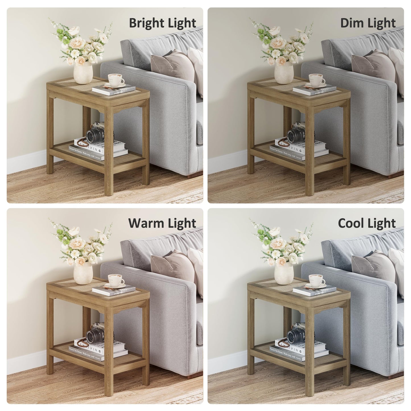Eclatara Night Stand Set of 2, Farmhouse End Table with 2 Tier Boho Rattan Shelves, Side Tables with Round Edge Design, Ultra-Thick Legs Bedside Nightstand for Bedroom, Caramel Oak