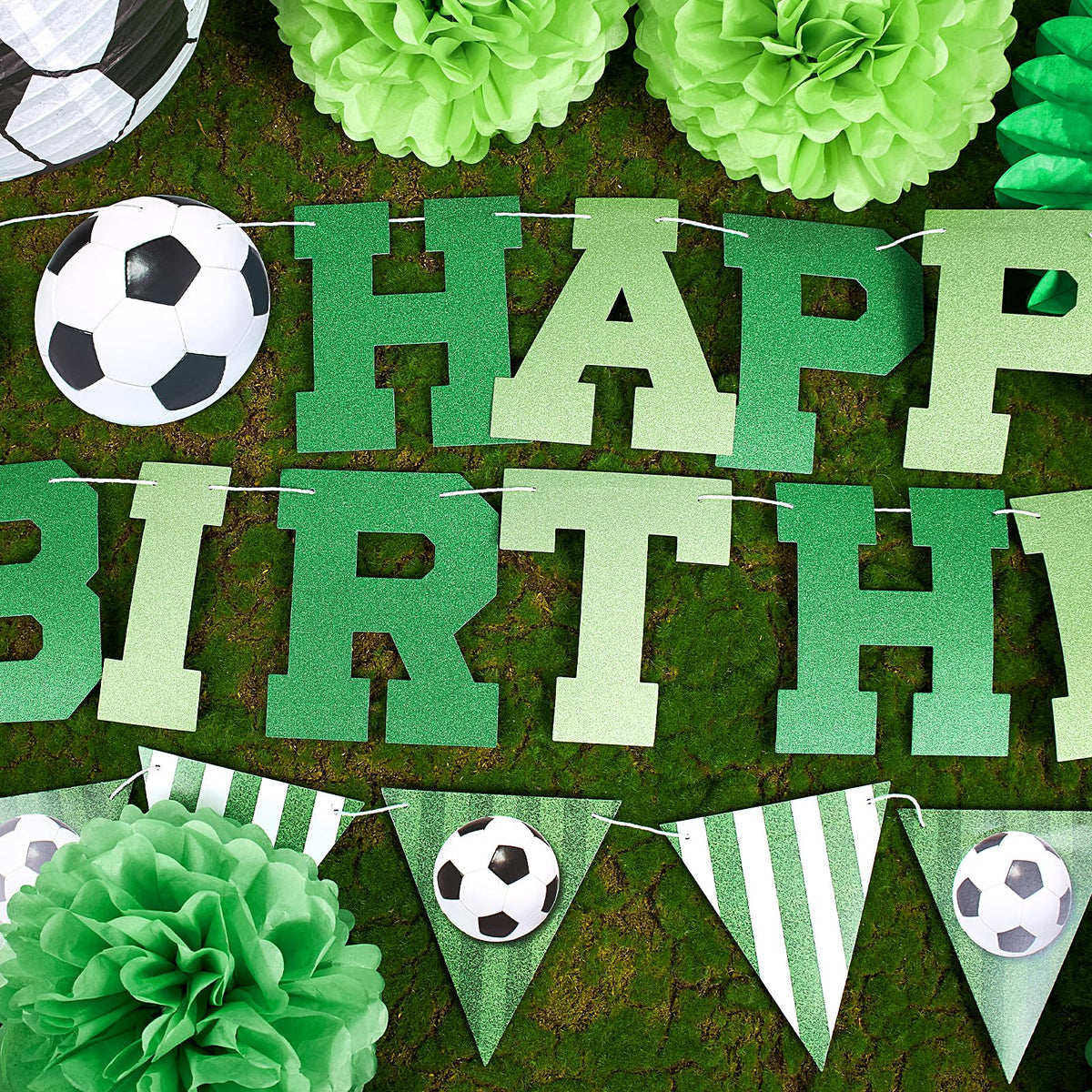 OBBOLO Soccer Birthday Party Decorations, Pre-Strung Soccer Birthday Banners, Including 2 Soccer Ball Paper Lanterns, Green Paper Fans and Pompoms for Boys Birthdays, Sports Party Decorations