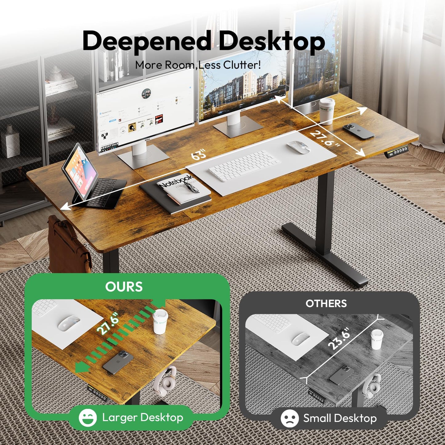Gamork Large Electric Standing Desk,63x28 Inches Adjustable Height Stand up Desk, Sit Stand Home Office Desk, 3 Preset Heights,Equipped with Hooks,Ergonomic Computer Desk Workstation，Brown