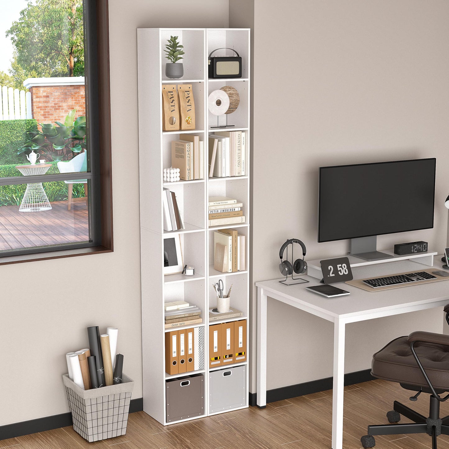NewBeth 8-Cube Storage Organizer Bookcase, White, Tall Narrow Bookshelf for Home Office (White)