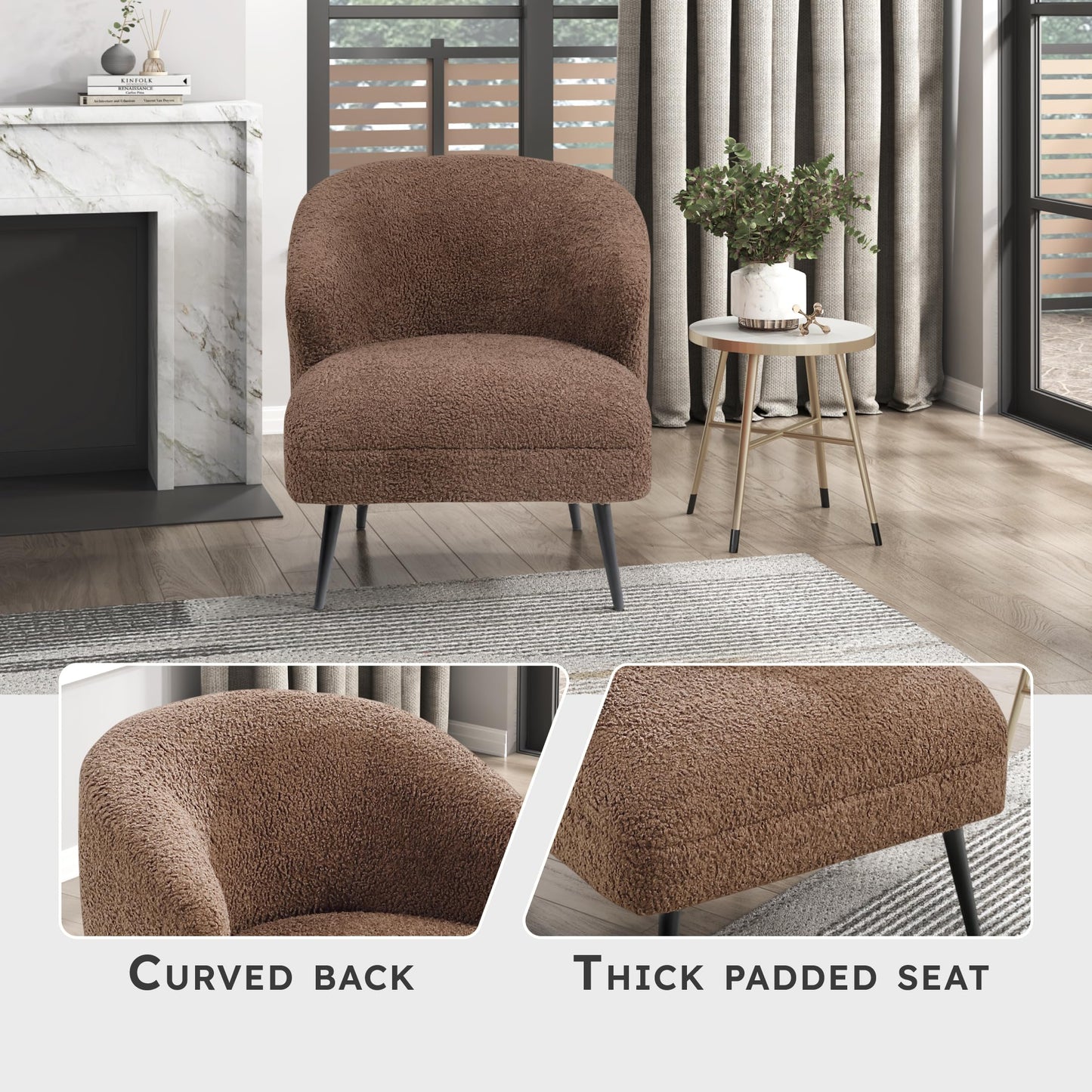 Lexicon Modern Accent Chair, Boucle Fabric Upholstered Single Sofa Chair with Curved Back for Living Room/Bedroom/Office/Apartment, Brown