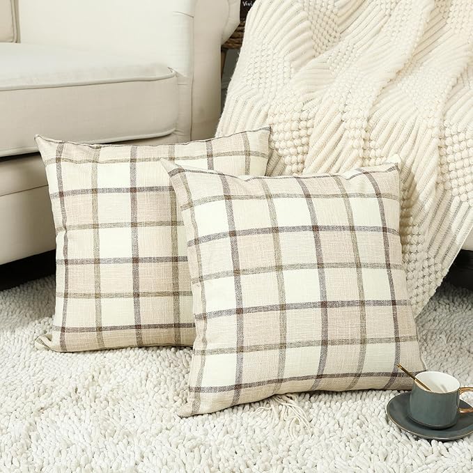 Stellhome Pack of 2 Linen Buffalo Check Decorative Throw Pillow Covers