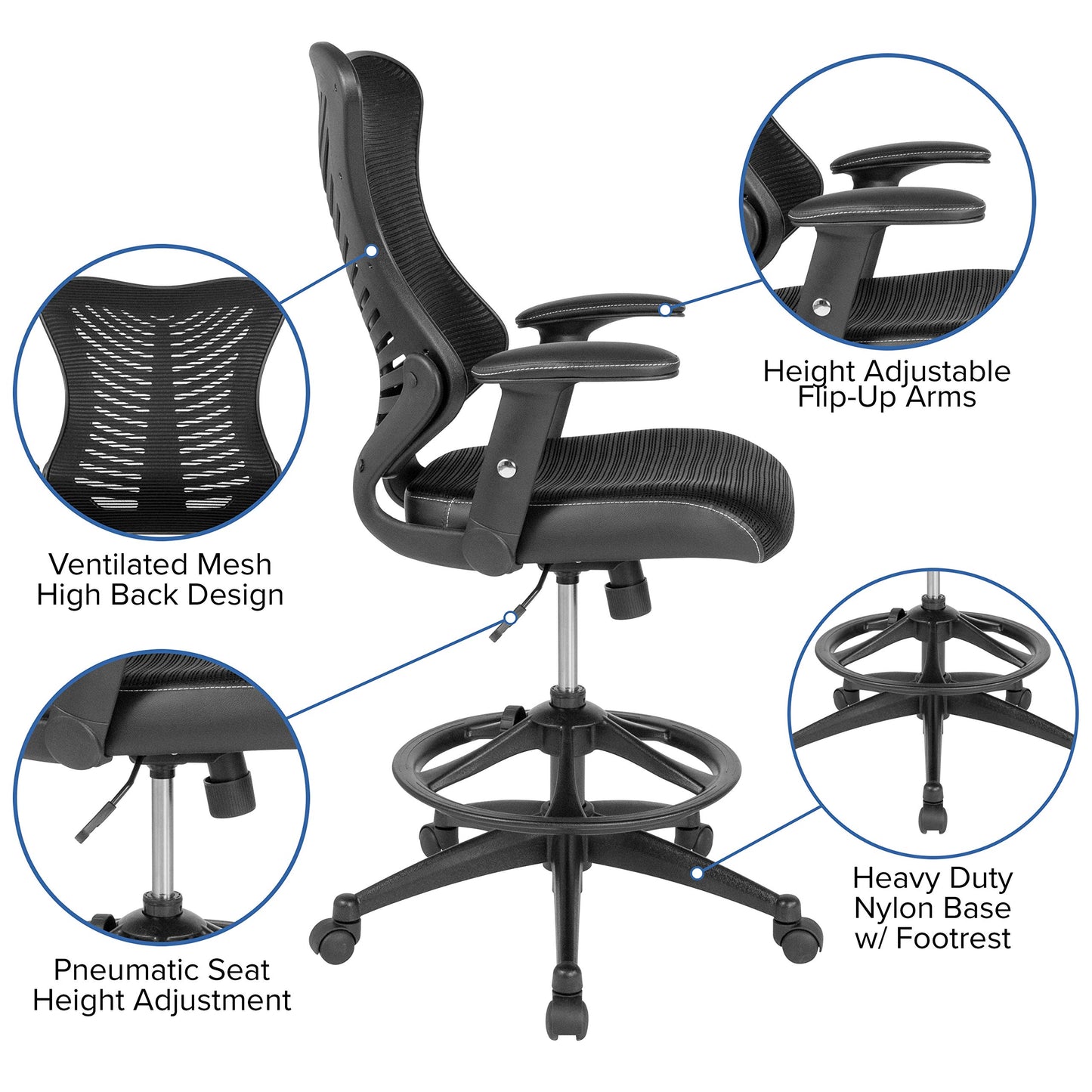 Flash Furniture Waylon High Back Designer Black Mesh Drafting Chair with LeatherSoft Sides and Adjustable Arms