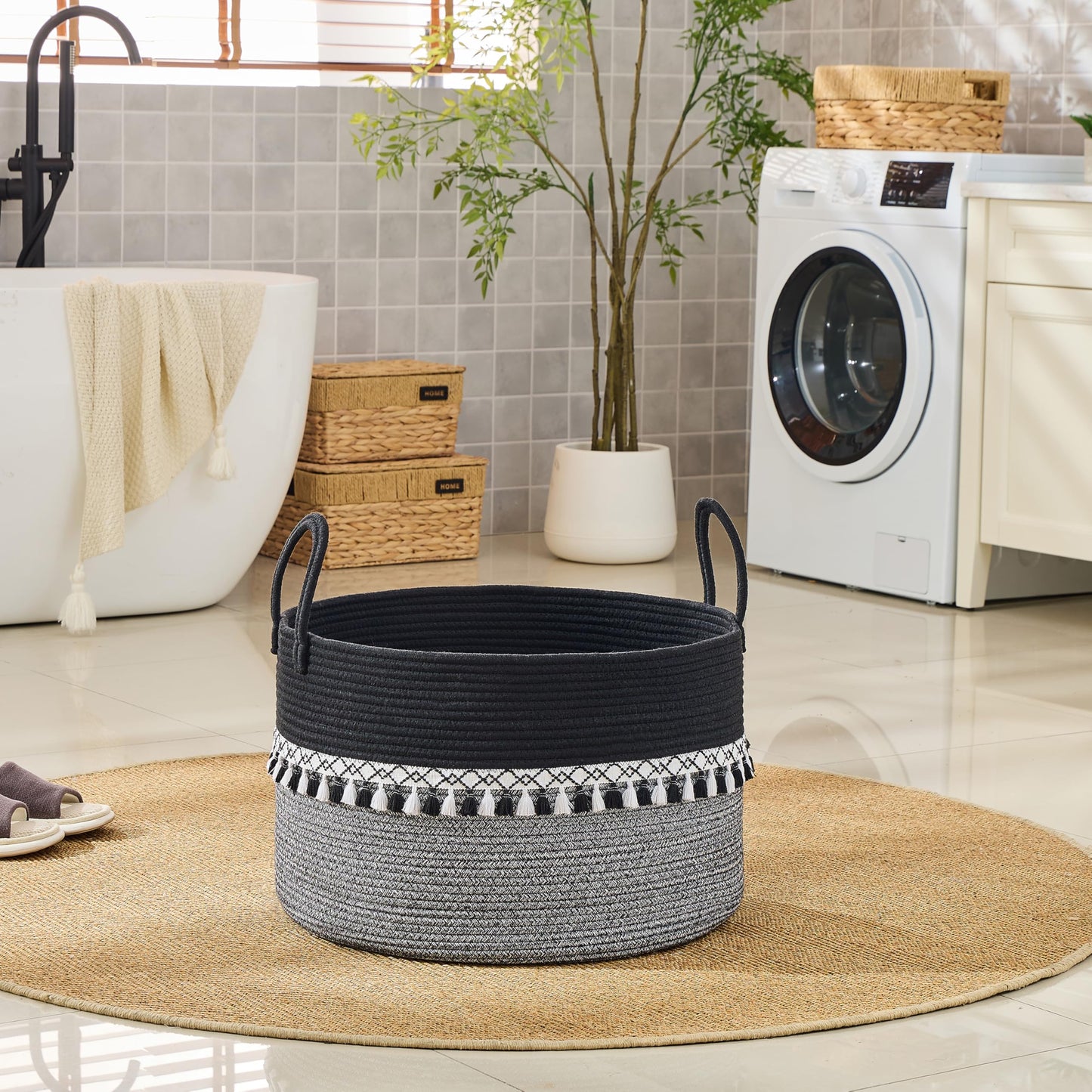 KAKAMAY Cotton Rope Storage Basket (20"x13"),Woven Hamper for Blankets,Toys,Pillows,Clothes,Laundry,Sturdy Handles Decorative Basket for Living Room, Bedroom,Nursery(Black Printing)