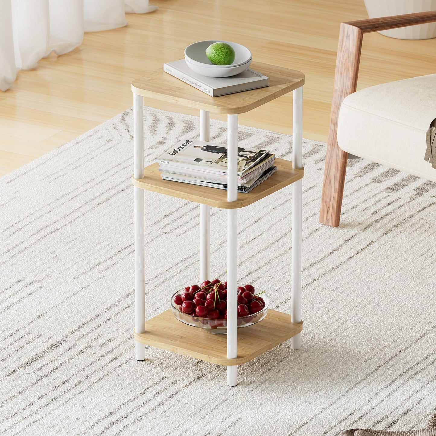 SANLUCE Bamboo End Table with Charging Station, Side Table for Small Space, Small Table Stand, Narrow Wooden Bedside Table Nightstand with Shelves, for Nursery, Living Room, Bedroom, Natural and White
