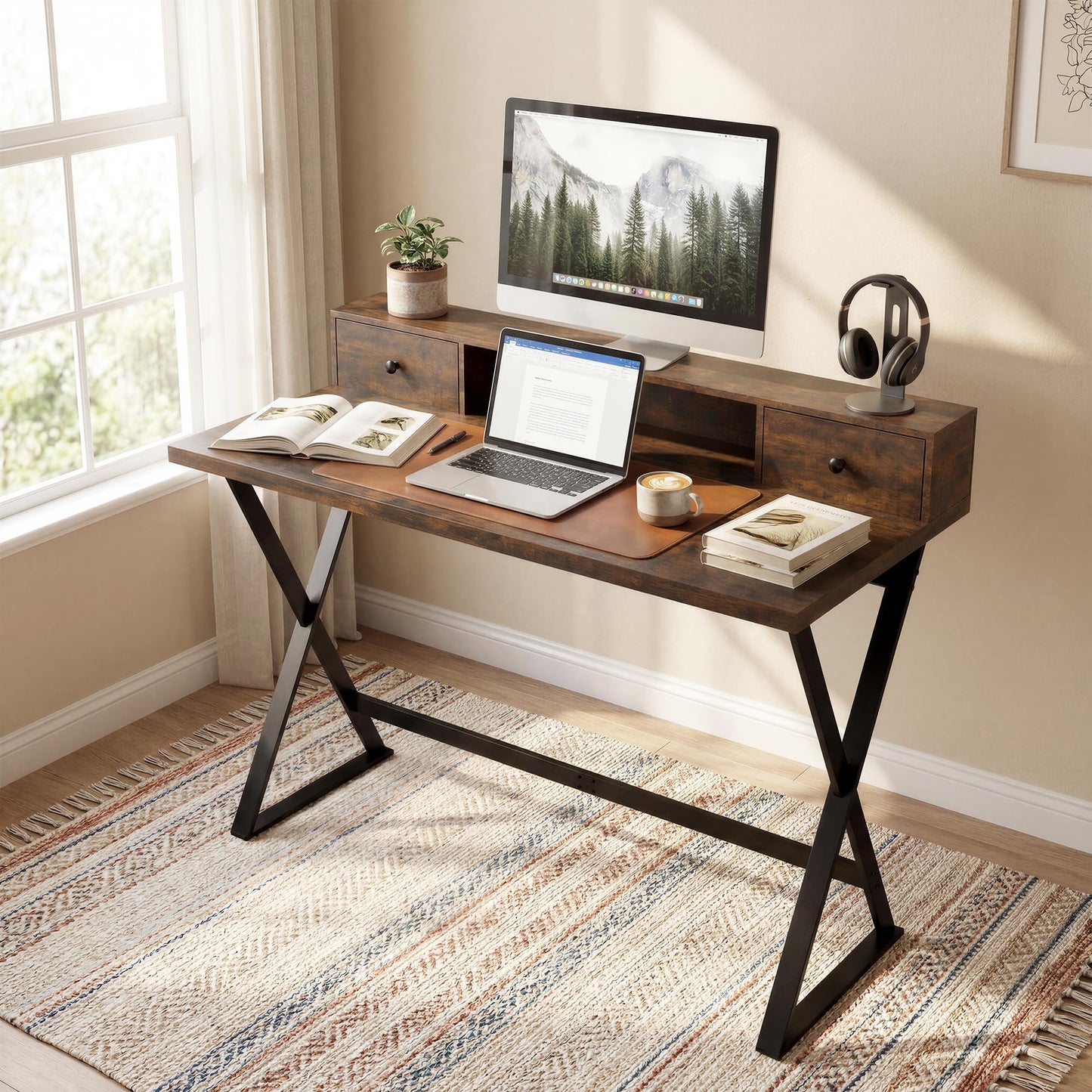 Manora Computer Desk with Drawers and Monitor Stand, 47" Home Office Desk with Storage Shelf, Rustic Brown Writing Study Table with Metal Frame for Bedroom, Workstation for Laptop PC
