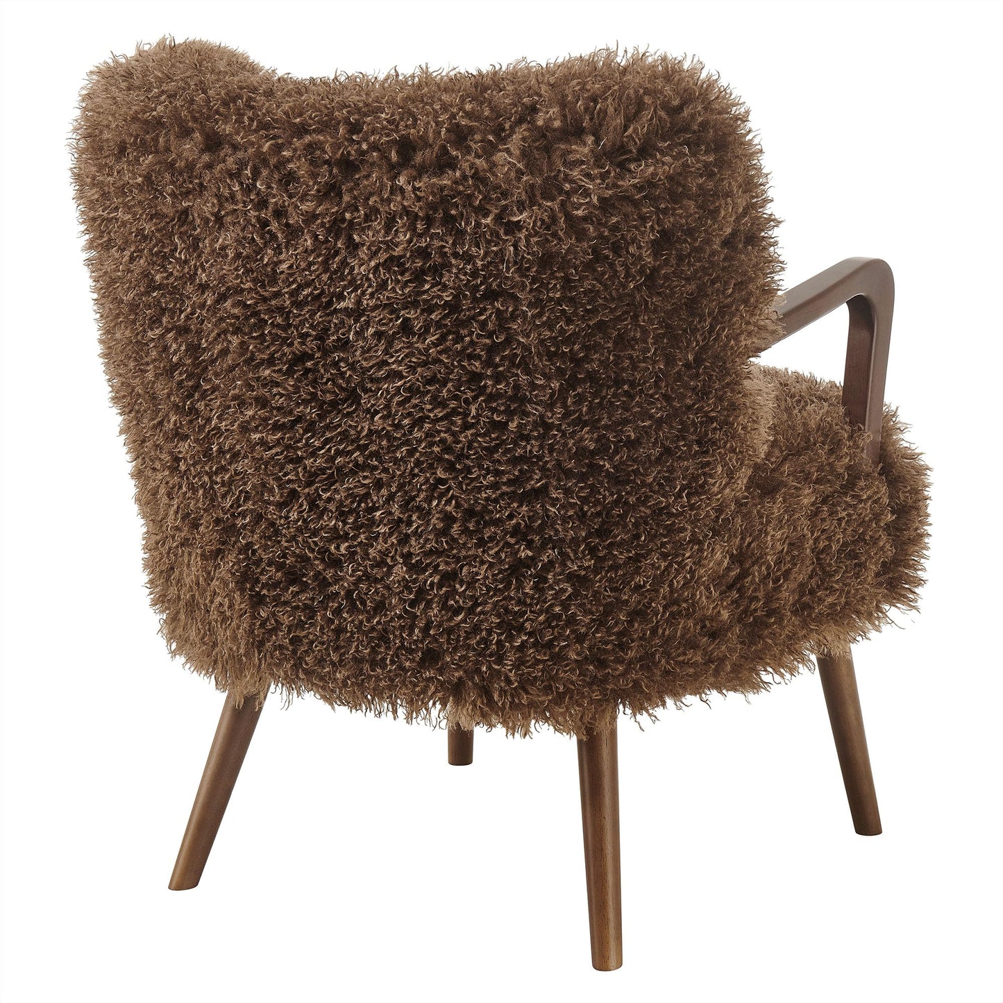 Modway Zerra Upholstered Faux Shearling Lounge Chair in Brown – Mid-Century Modern Accent Armchair with Wood Frame – Fuzzy Fabric Single Sofa Chair