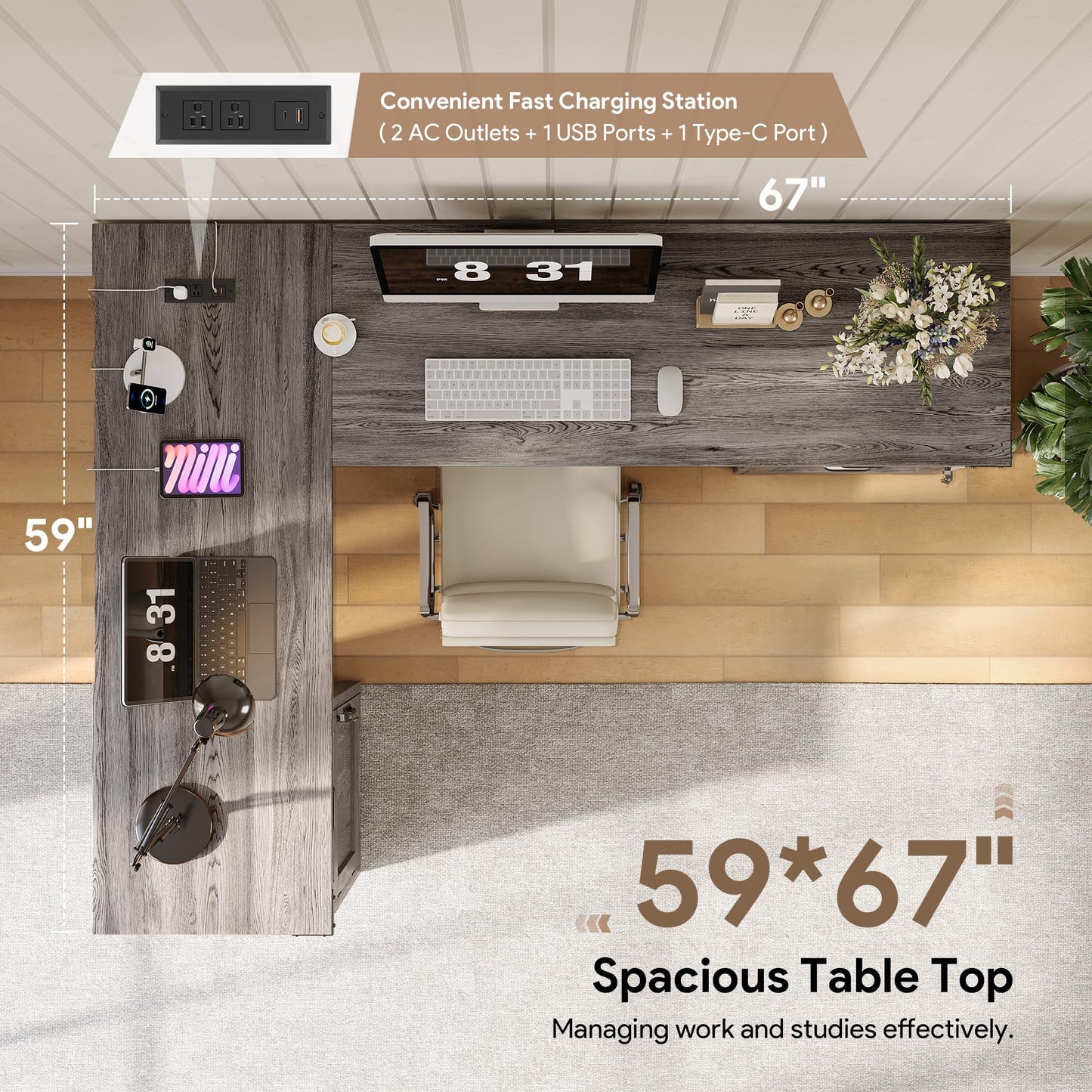 OneBlis Farmhouse 67" L Shaped Executive Desk with Drawers, Wood Home Office Corner Desk with Power Outlets, Lockable File Cabinet, Rustic Computer Writing Desk for Home Office, Grey