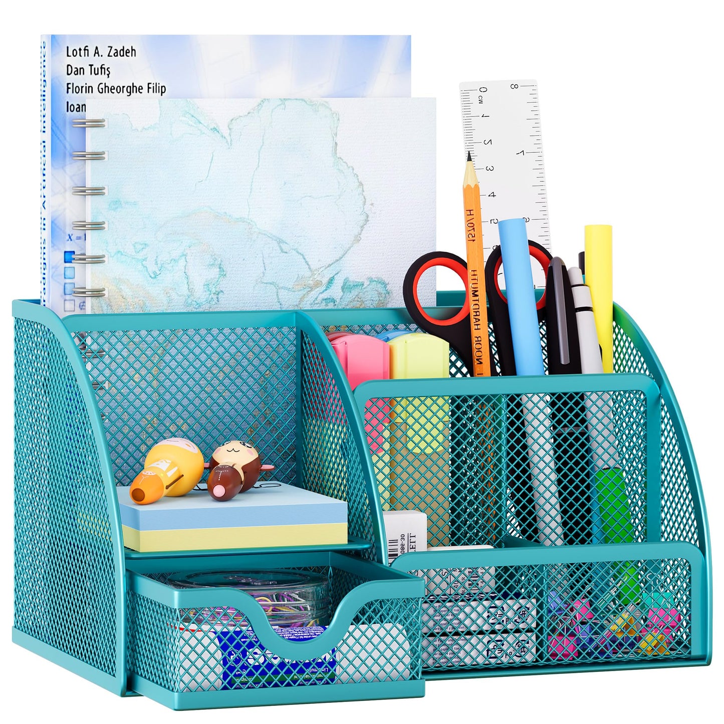 EasyPAG Mesh Desk Organizer with Drawer Multi-functional Pen Holder Stationery Organizer for Office School Supplies 6 Compartments Dorm Organizers and Storage for Desk, Blue