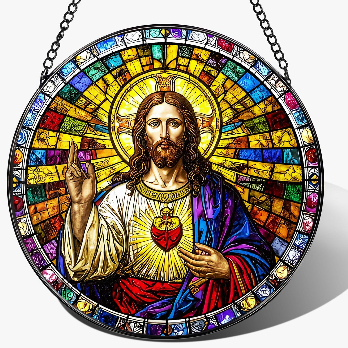 LAOWEIKI 8'' Sacred Heart of Jesus Stained Glass Suncatcher, Stained Glass Window Hanging, Religious Ornament, Christian Home Decor, Gifts for Christmas, Christian Gift, Religious Gift
