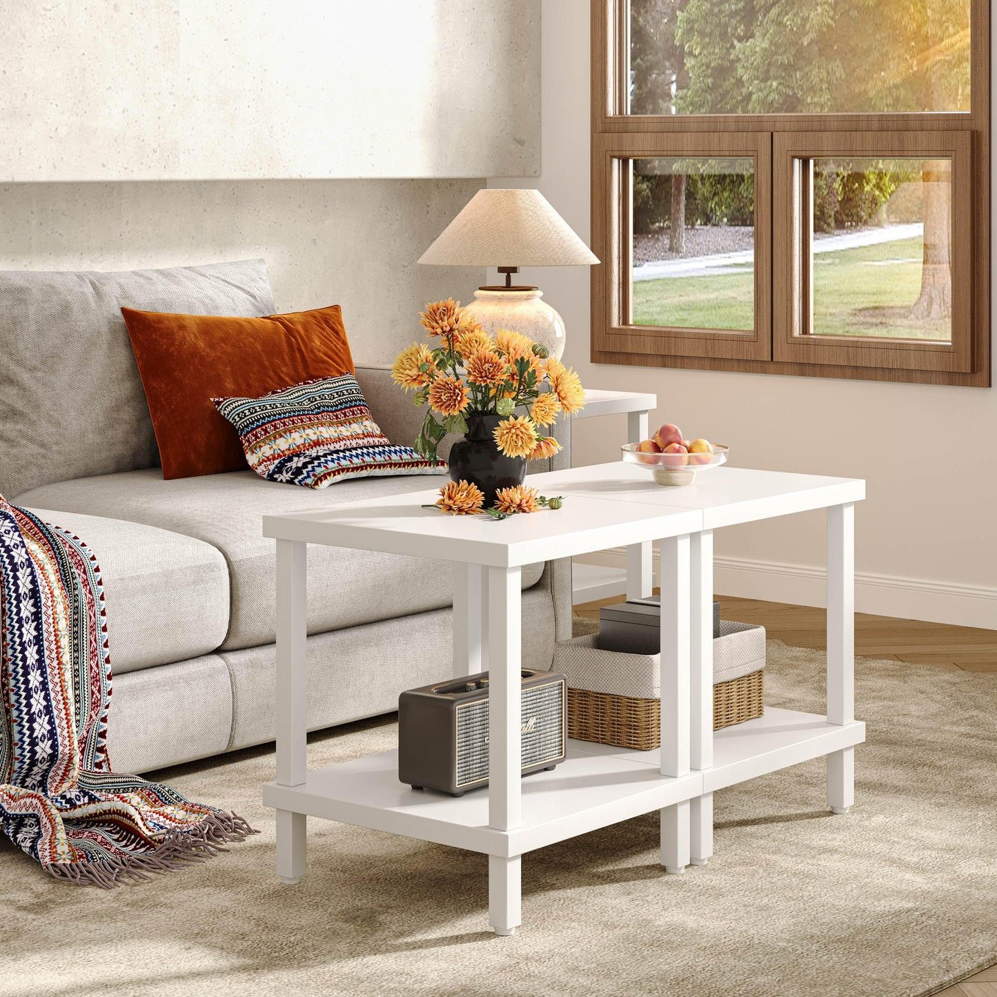 MMEOLUOOK Large End Table Square Side Table Modern Sofa Table 20 Inch Industrial Coffee Table NightStand with 2-Tier Storage Shelf for Living Room Bedroom White MLBZ06W