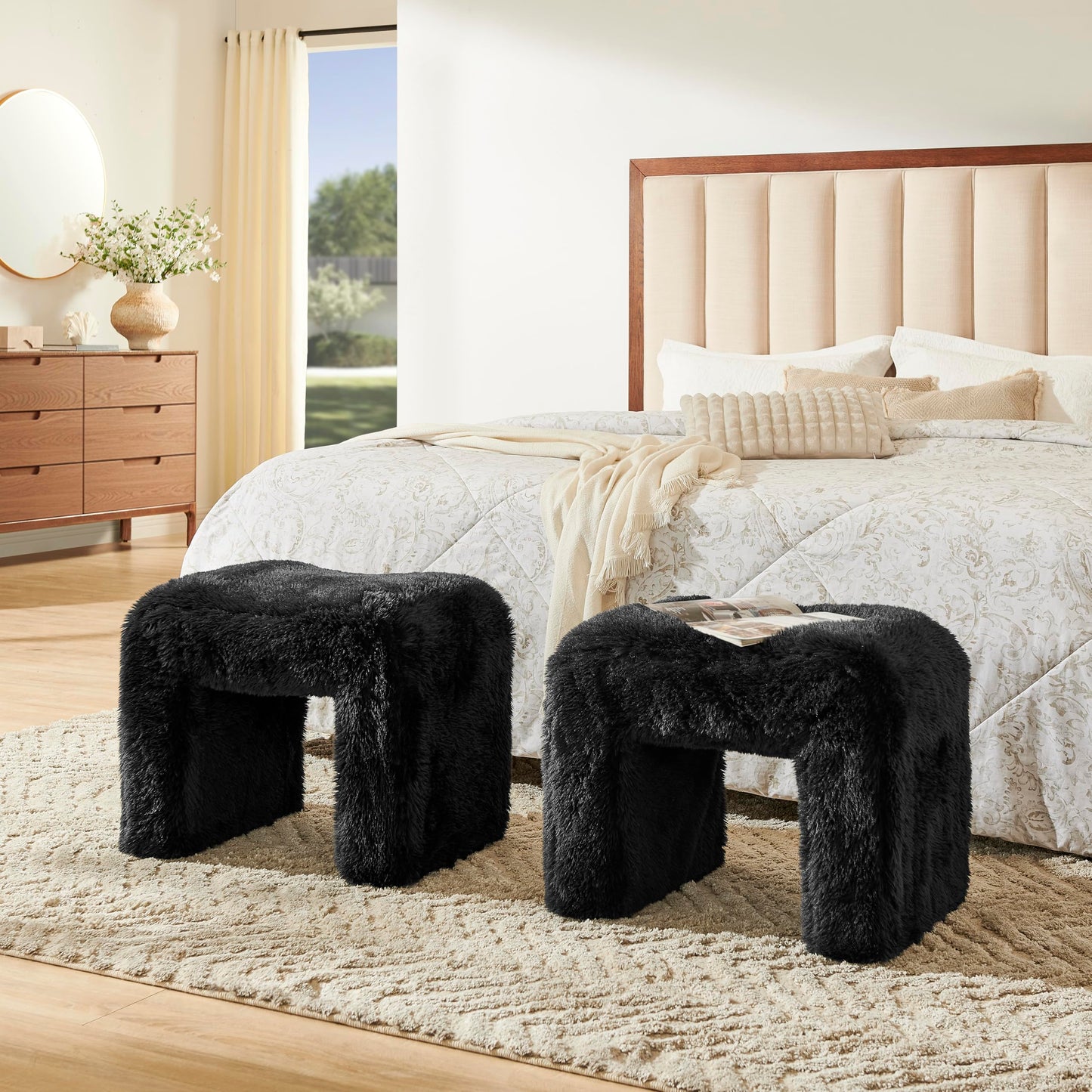 Roundhill Furniture Zorya Contemporary Faux Fur U-Shaped Ottoman, Set of 2, Black