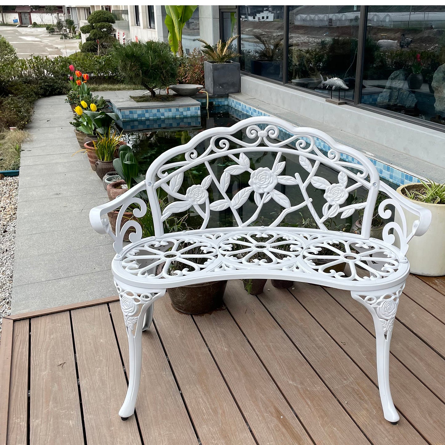 Mandolin Outdoor Benc Park Garden Chair,All Chair Anti Rust Cast Aluminum Patio Yard Bench,Carved Rose Loveseat Bench for Backyard .Porch.Balcony.Lawn (White)