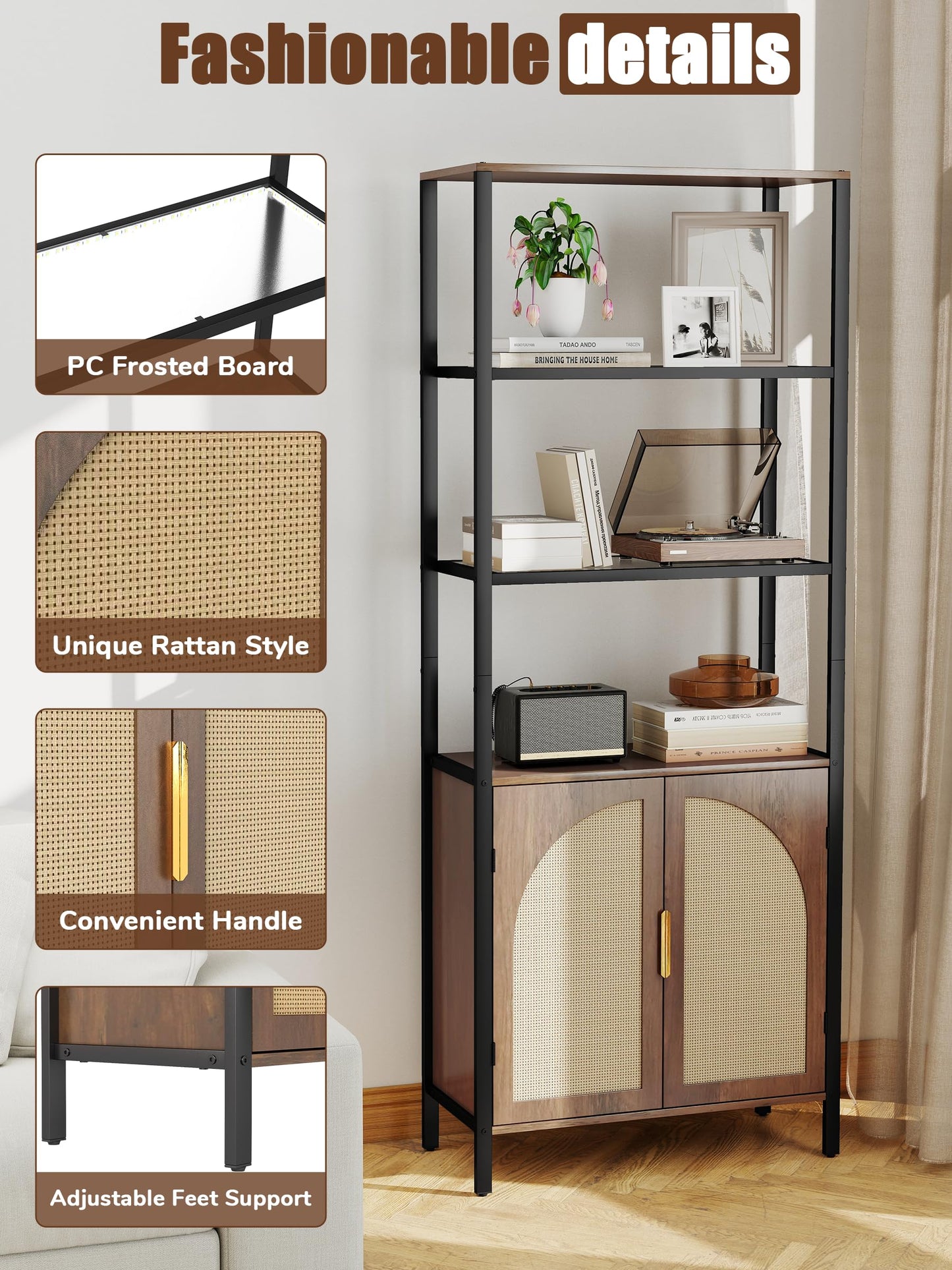 Qriocioa 71" Tall Rattan Bookcase with LED Light, 3 Open Shelves & 2 Door Storage Cabinet, Mid Century Boho Bookshelf, Open Display Bookcase for Living Room, Home Office, Bedroom