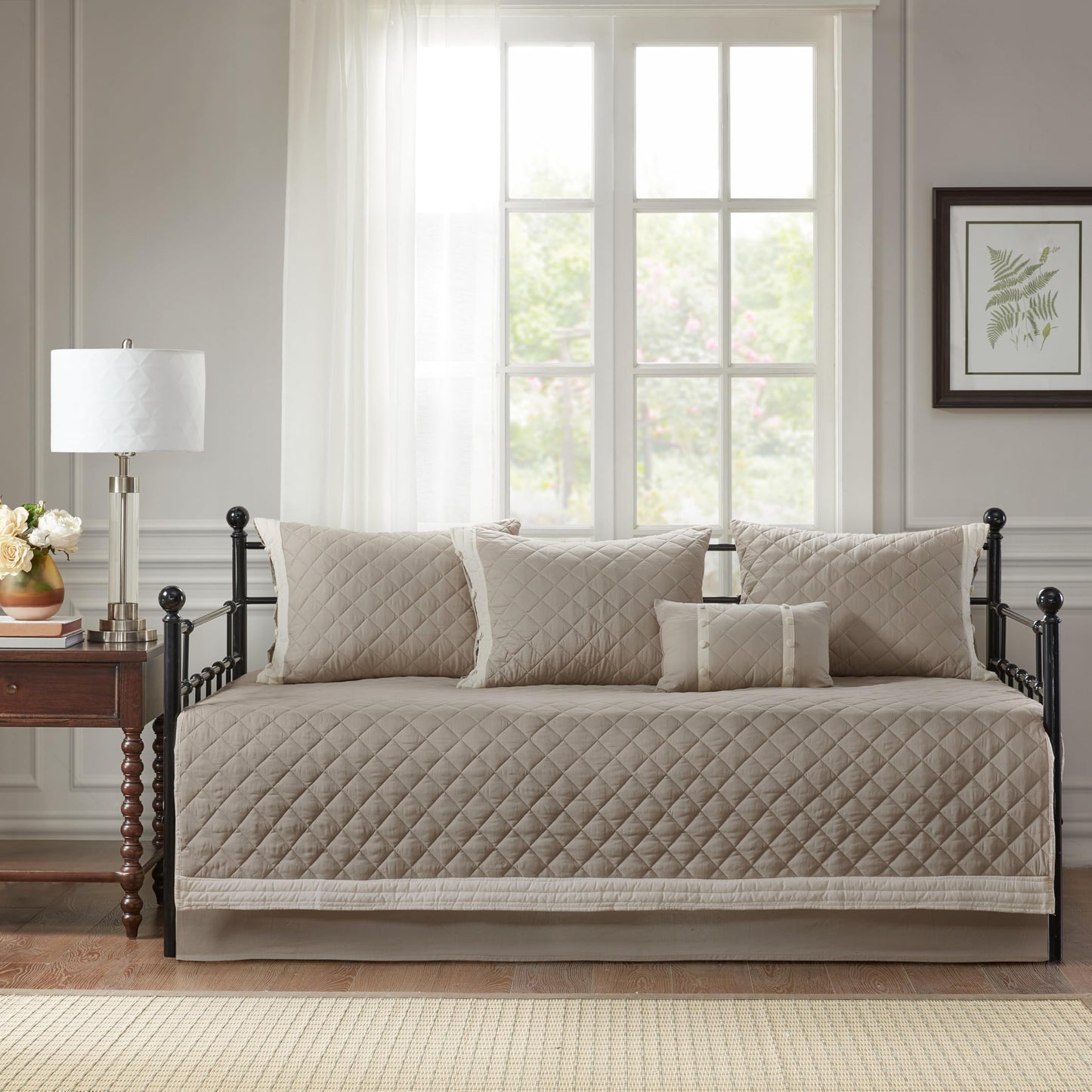 Madison Park 100% Cotton Daybed Cover Set - Trendy Design, All Season Luxury Bedding with Bedskirt, Matching Shams, Decorative Pillow, Diamond Quilted, Khaki 75"x39" 6 Piece