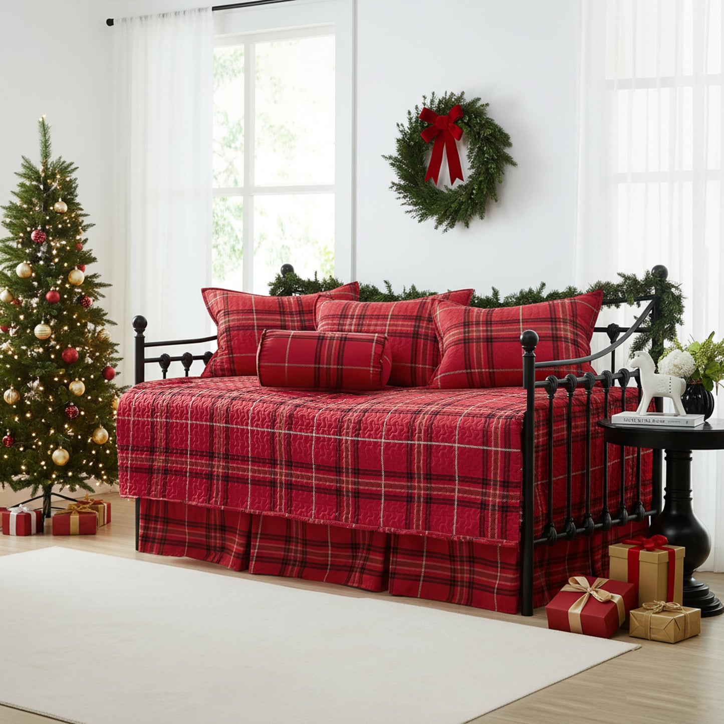 Southshore Fine Living, Inc. Twin Daybed Cover Set, 6-Piece Daybed Comforter Set for Trundle Bed with Quilt, 3 Pillow Shams, Bed Skirt, Throw Pillow, Red Plaid Christmas Bedding