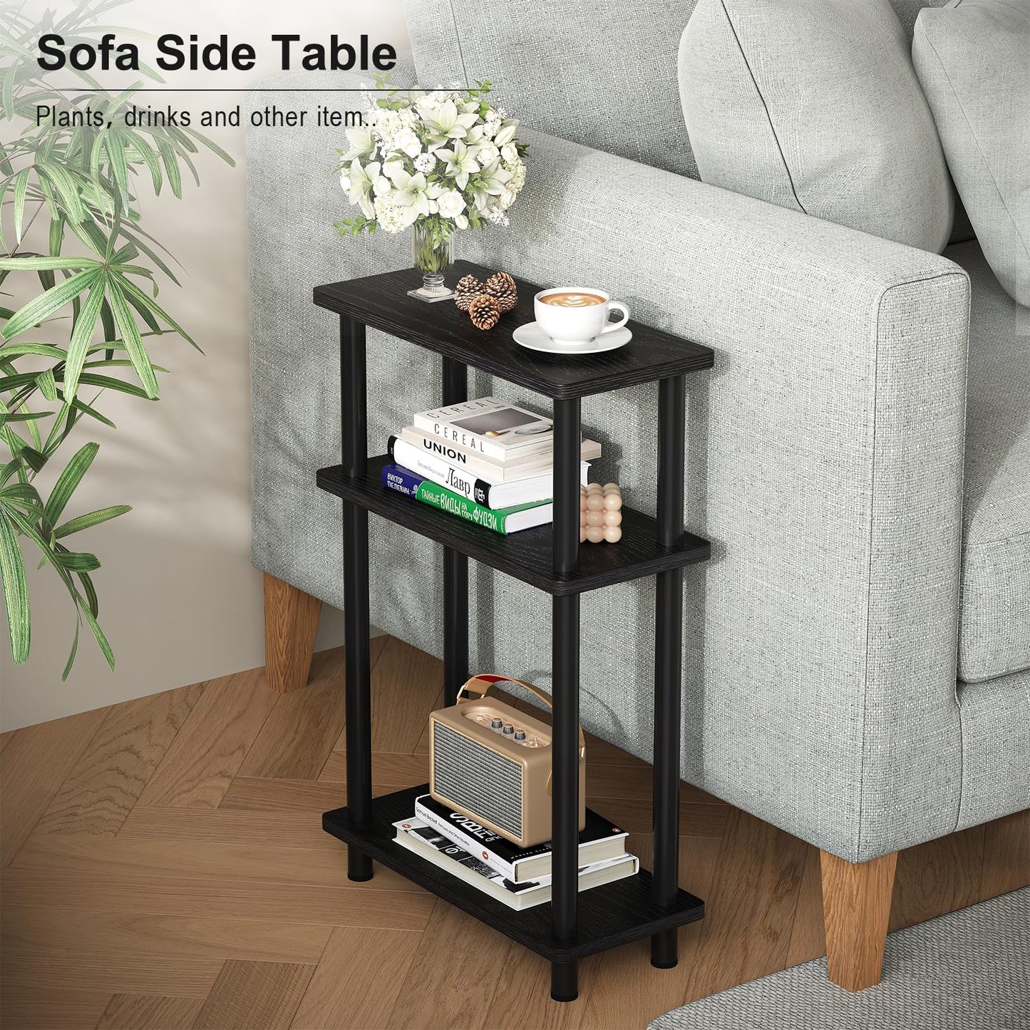 Apicizon Small Narrow Side Table, 3-Tier Skinny End Table with Storage Shelf, Slim Nightstand Bedside Table for Small Spaces, Living Room, Bderoom, Black