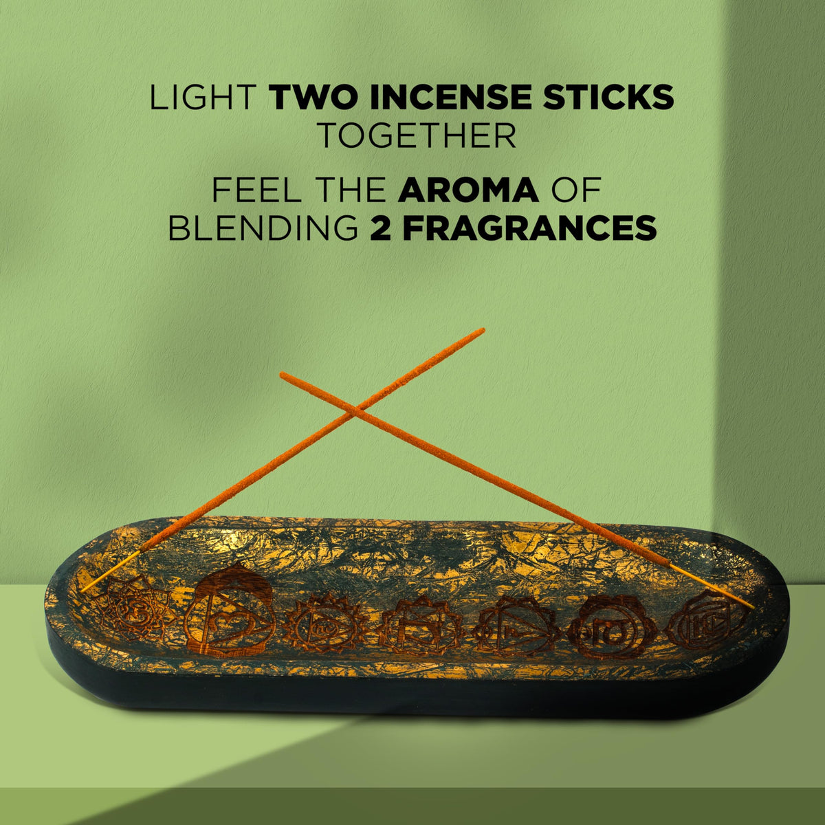 UnitedPrime Hand Carved Incense Holder-Incense Burner/Ash Catcher/Handmade Wooden Insence Tray – Modern Gift Home/Room/Seven Chakra Blue Gold Kitchen Décor Size 11x4x1.5 Inches