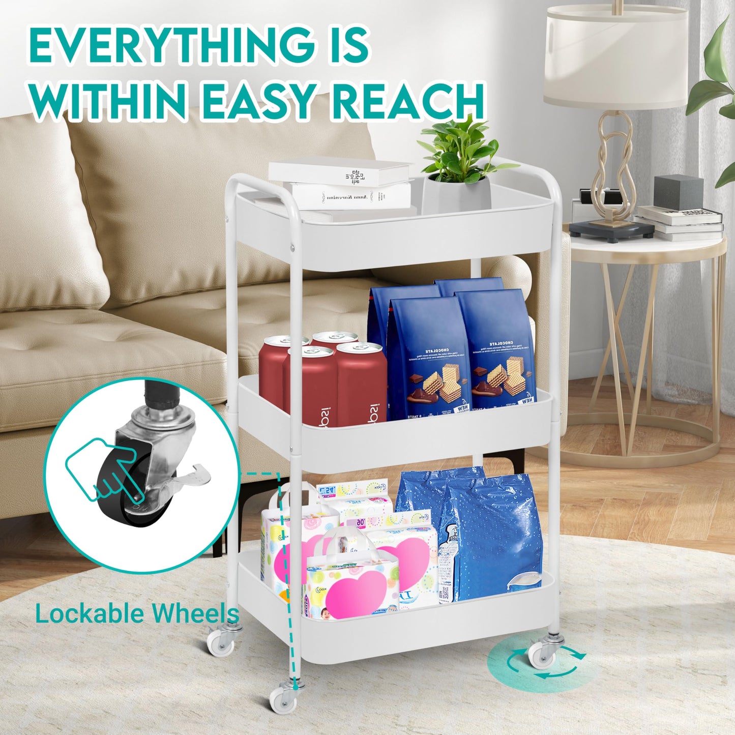 ZOES HOMEWARE 3 Tier Rolling Cart, Metal Utility Cart with 4 Hooks, Rolling Storage Cart on Wheels, Small Organizer Cart for Nursery, Kitchen, Living Room, Bathroom, White