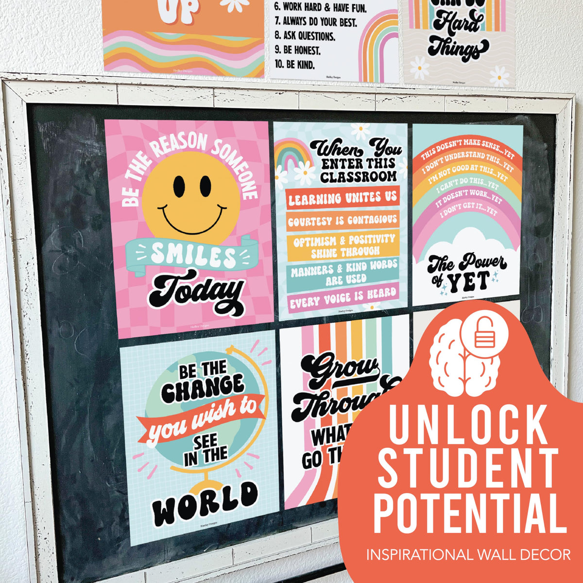 Hadley Designs Motivational Poster for Classroom Decor - 9 Growth Mindset Classroom Posters Elementary, Inspirational Wall Decor Middle School, Teacher Must Haves, Retro Bulletin Board Decorations